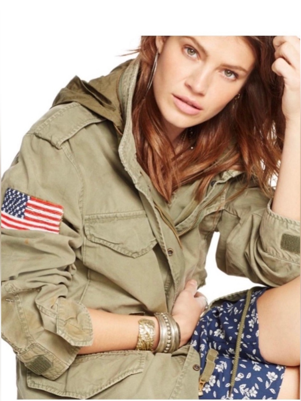 POLO Ralph Lauren Olive Green Utility Jacket Military Army Flag Patch Medium